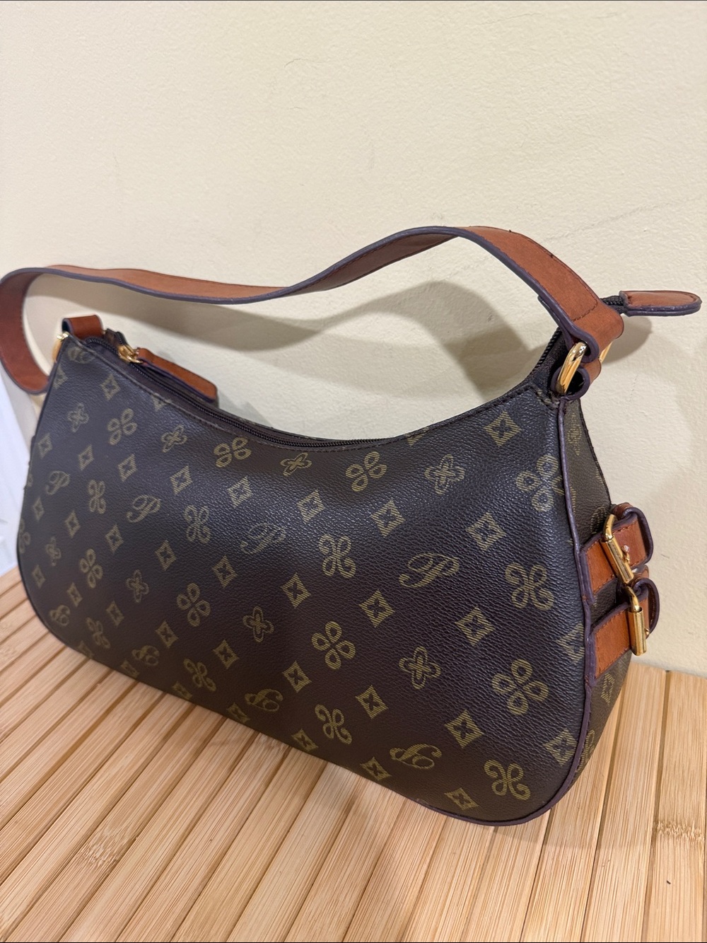Patterned monogram Brown Shoulder Bag with Tan Strap